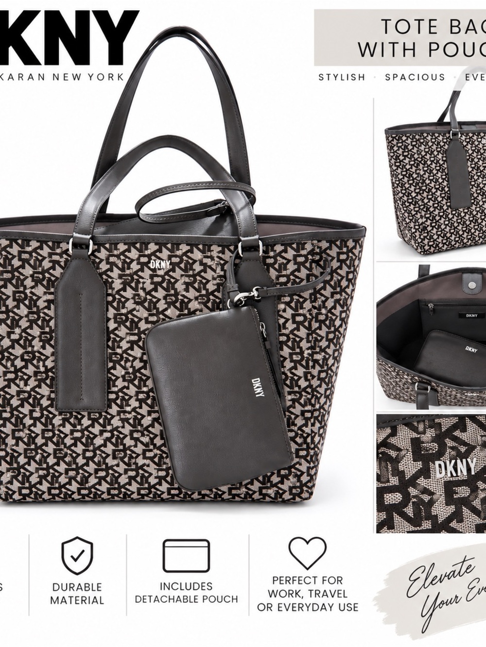 DKNY Black and Beige Logo Tote with Detachable Black Pouch